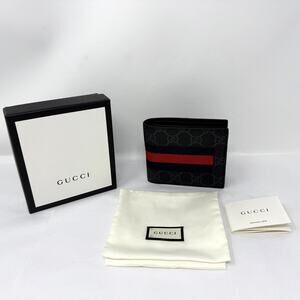 GUCCI Men’s GG Supreme Web Stripe Bifold Wallet Gray Red Blue Leather w Box